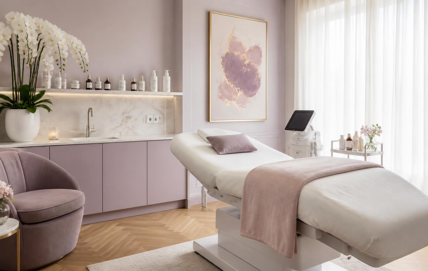 A calm, luxurious Gentle Aesthetics by Penelope treatment room